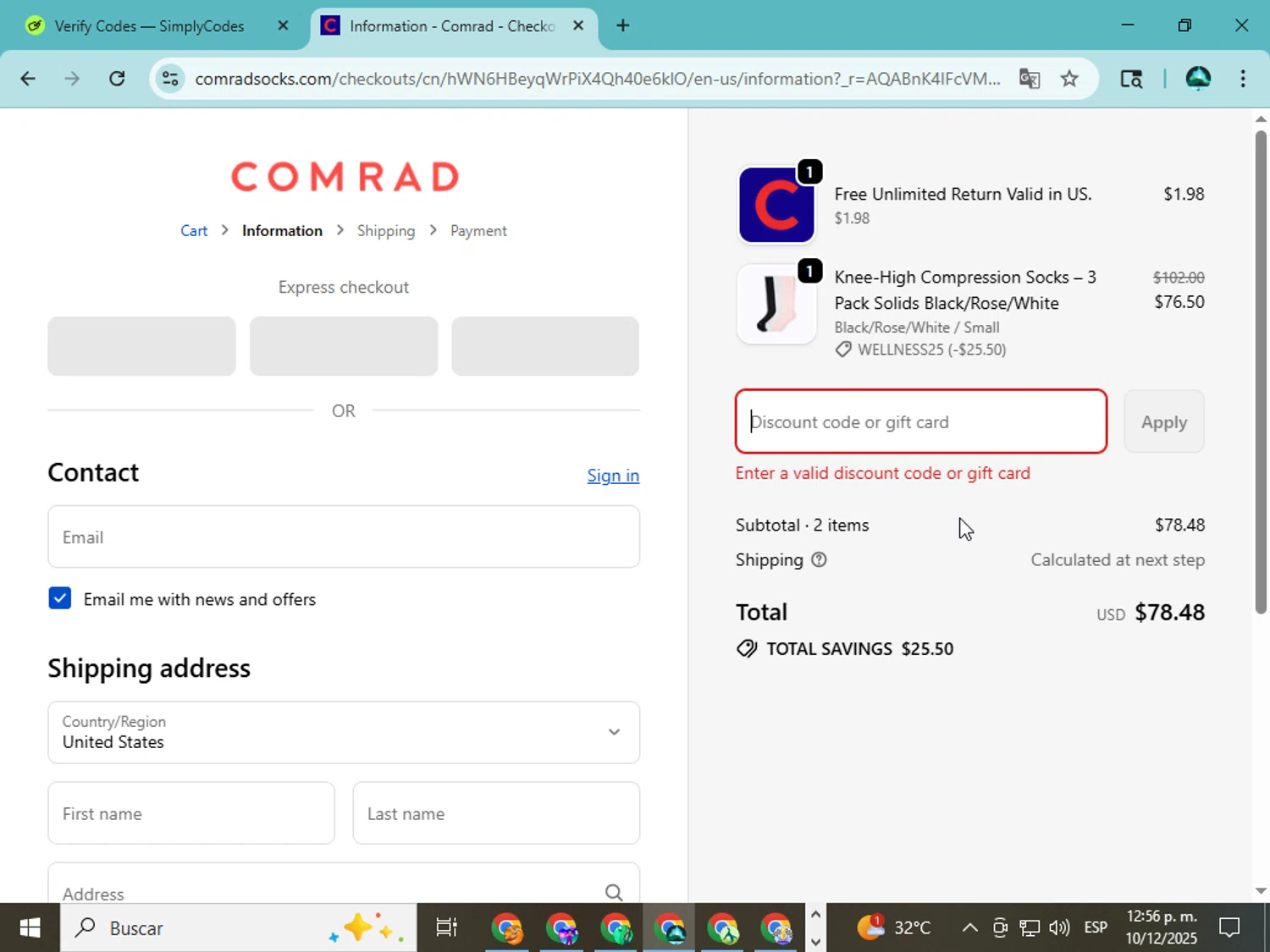 Comrad Socks discount code screenshot showing code SEEKIEROO20 applied at Comrad Socks checkout page. Uploaded by SimplyCodes community member ingri85 on Dec 10, 2025