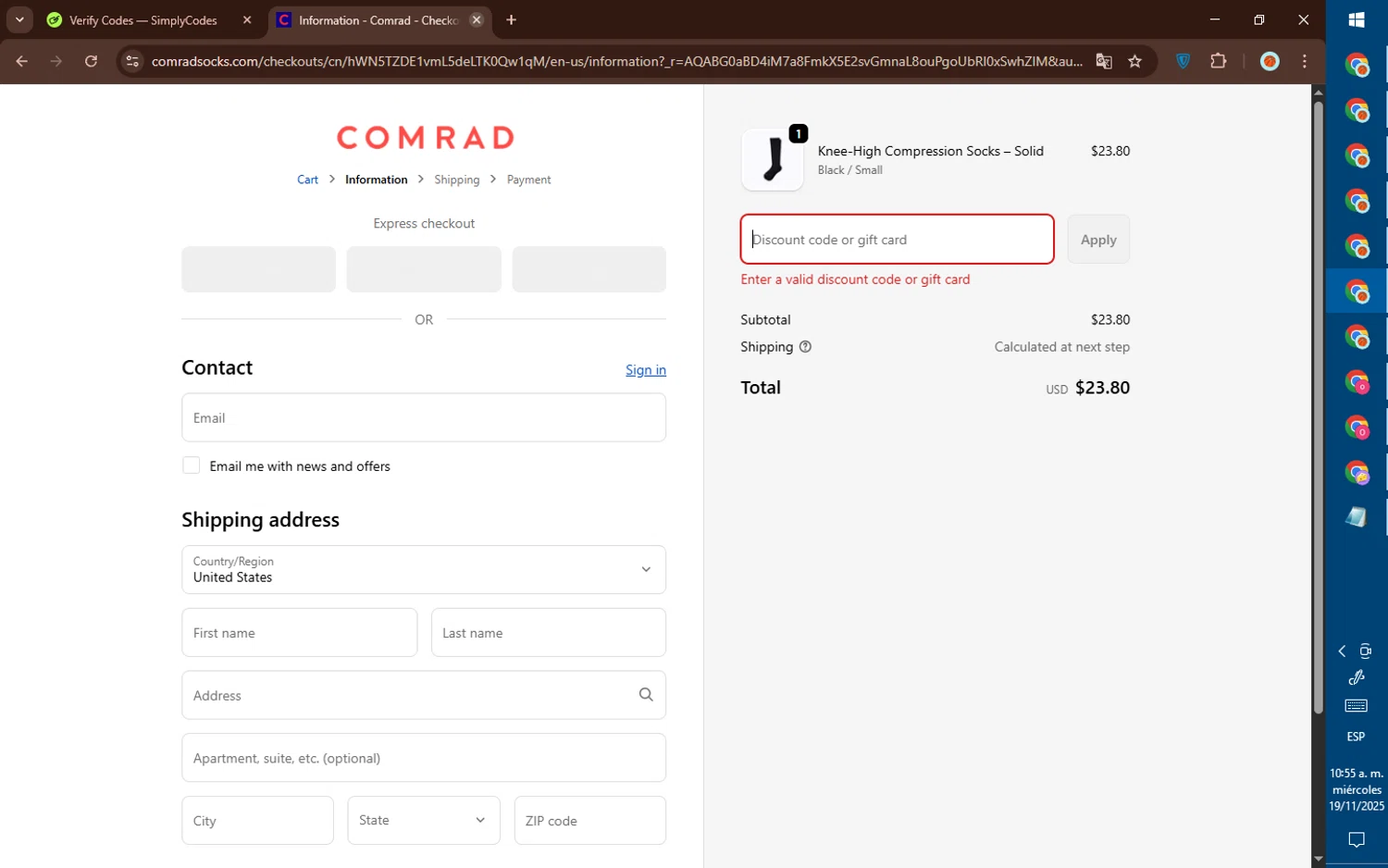 Comrad Socks discount code screenshot showing code BENEFITS20 applied at Comrad Socks checkout page. Uploaded by SimplyCodes community member DealElite4728 on Nov 19, 2025