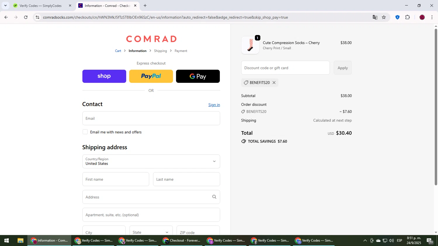Comrad Socks discount code screenshot showing code BENEFITS20 applied at Comrad Socks checkout page. Uploaded by SimplyCodes community member MightyLegend6657 on Sep 25, 2025