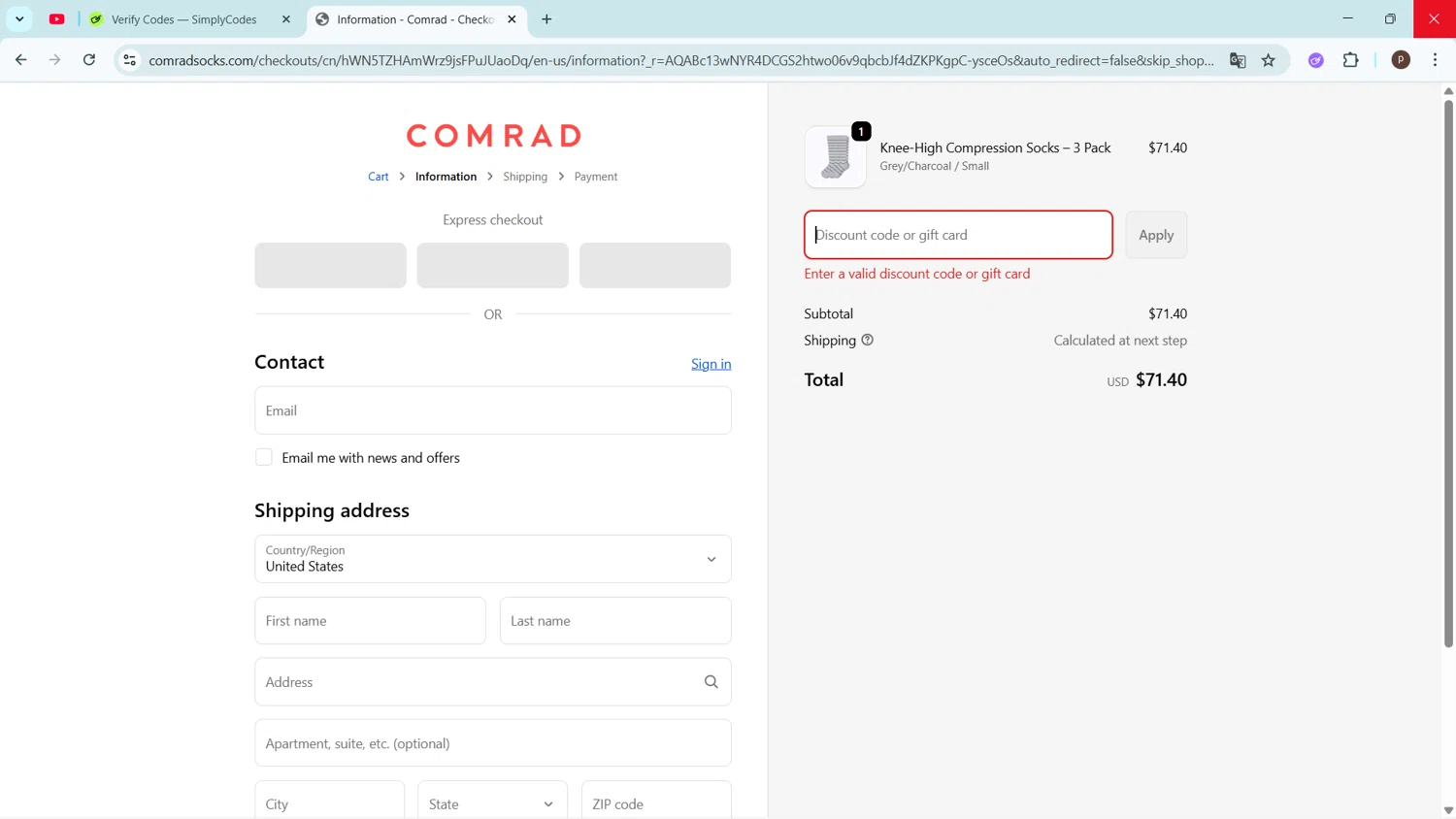 Comrad Socks discount code screenshot showing code BENEFITS20 applied at Comrad Socks checkout page. Uploaded by SimplyCodes community member ShrewdPro2243 on Nov 19, 2025