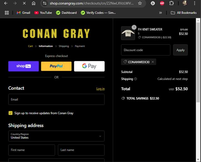 Conan Gray checkout page showing Conan Gray discount code box | Screenshot taken by SimplyCodes community member on Nov 26, 2024