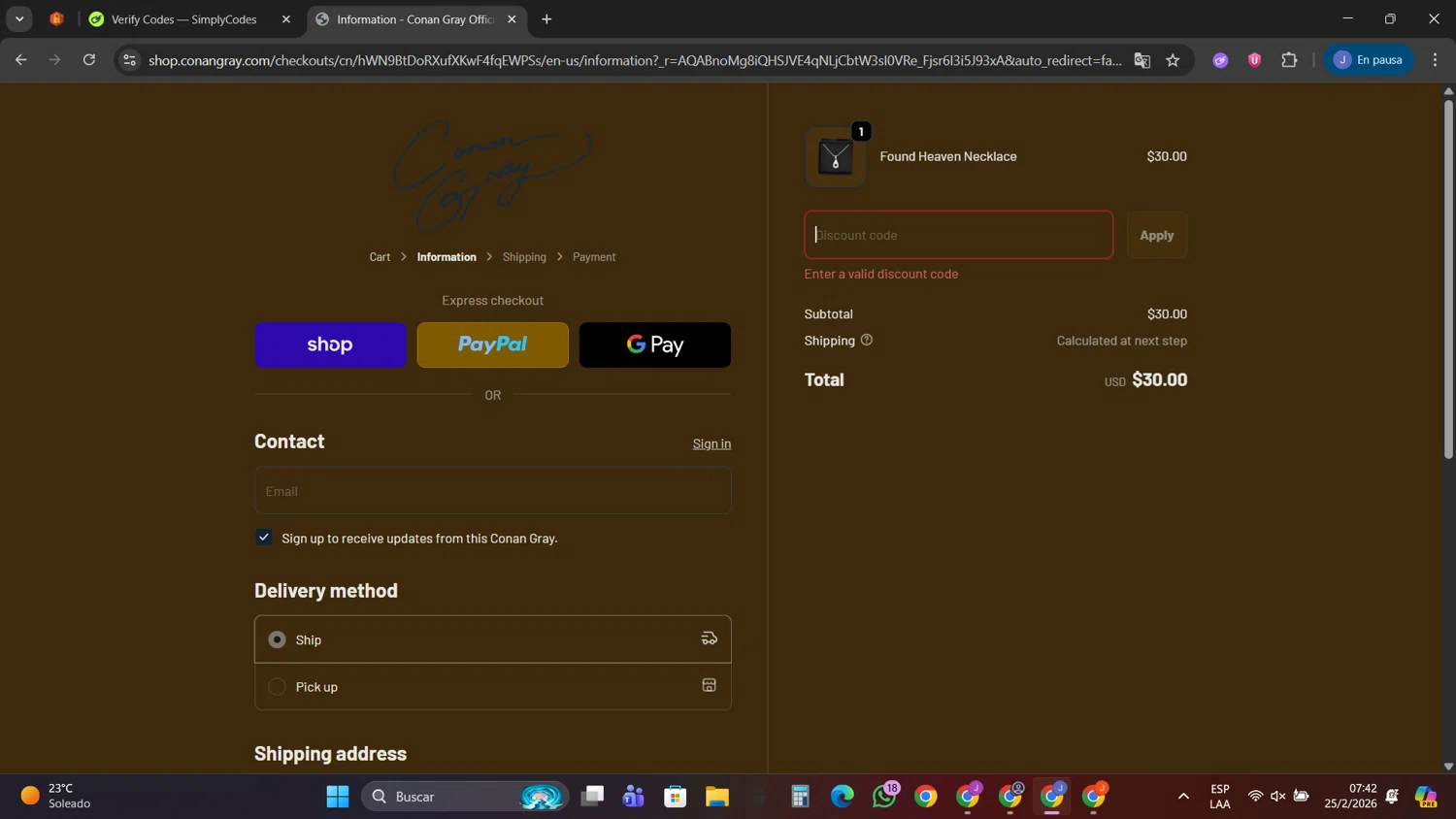 Conan Gray promo code screenshot showing code MOUNTAINVIEW15 applied at Conan Gray checkout page. Uploaded by SimplyCodes community member PennyScholar593 on Feb 25, 2026