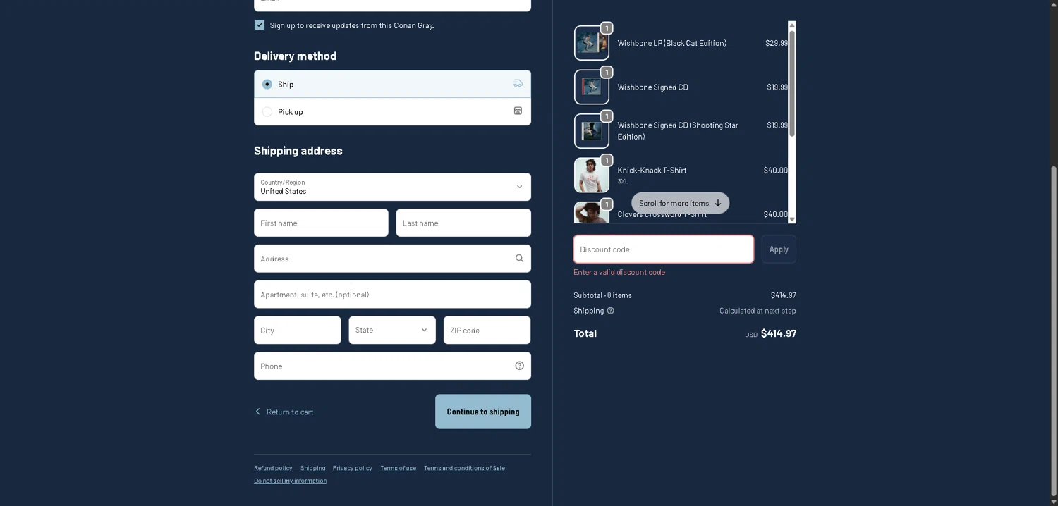 Conan Gray promo code screenshot showing code MOUNTAINVIEW15 applied at Conan Gray checkout page. Uploaded by SimplyCodes community member PrimeSentinel4675 on Dec 22, 2025
