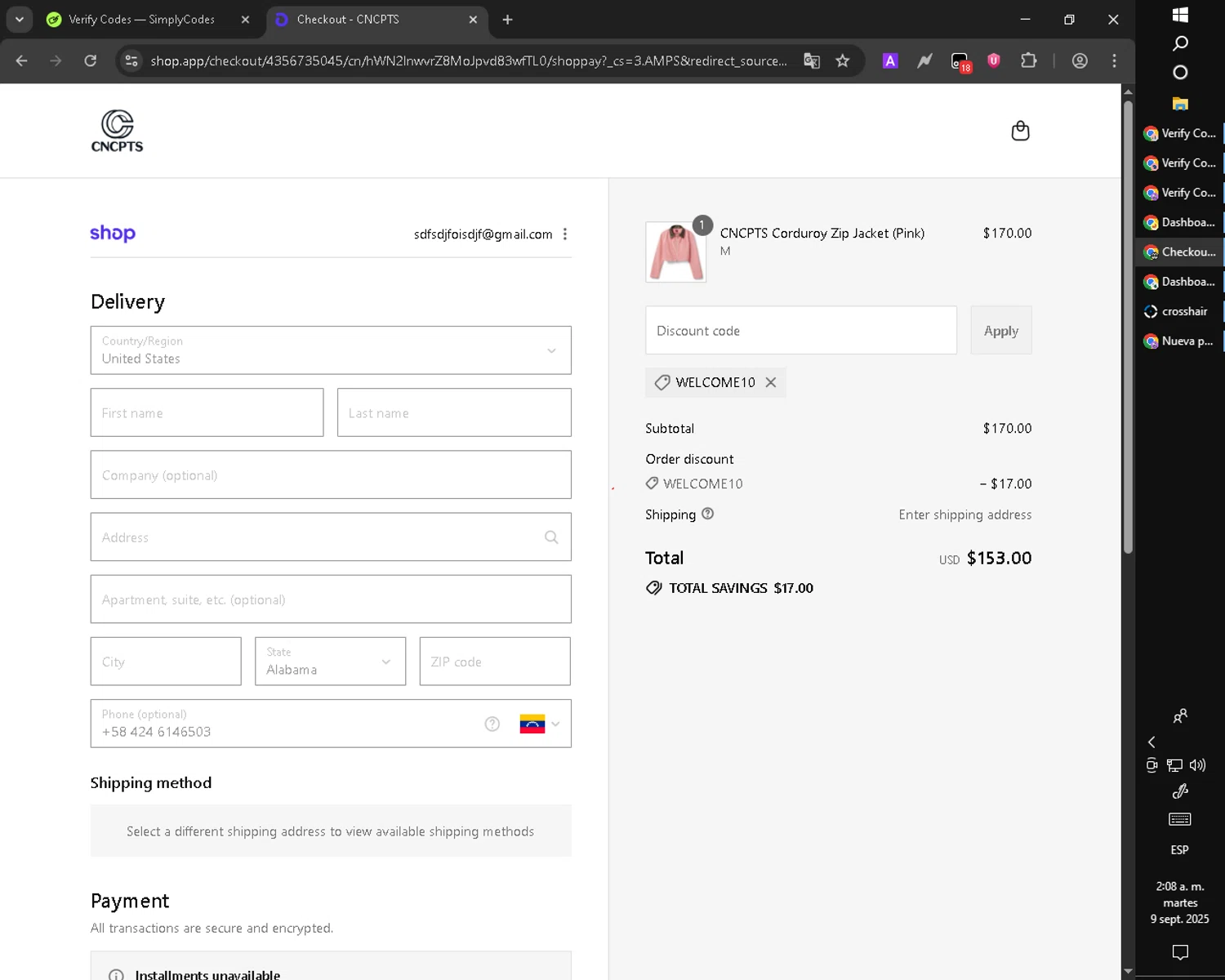 Concepts discount code screenshot showing code WELCOME10 applied at Concepts checkout page. Uploaded by SimplyCodes community member CouponGuardian8137 on Sep 9, 2025