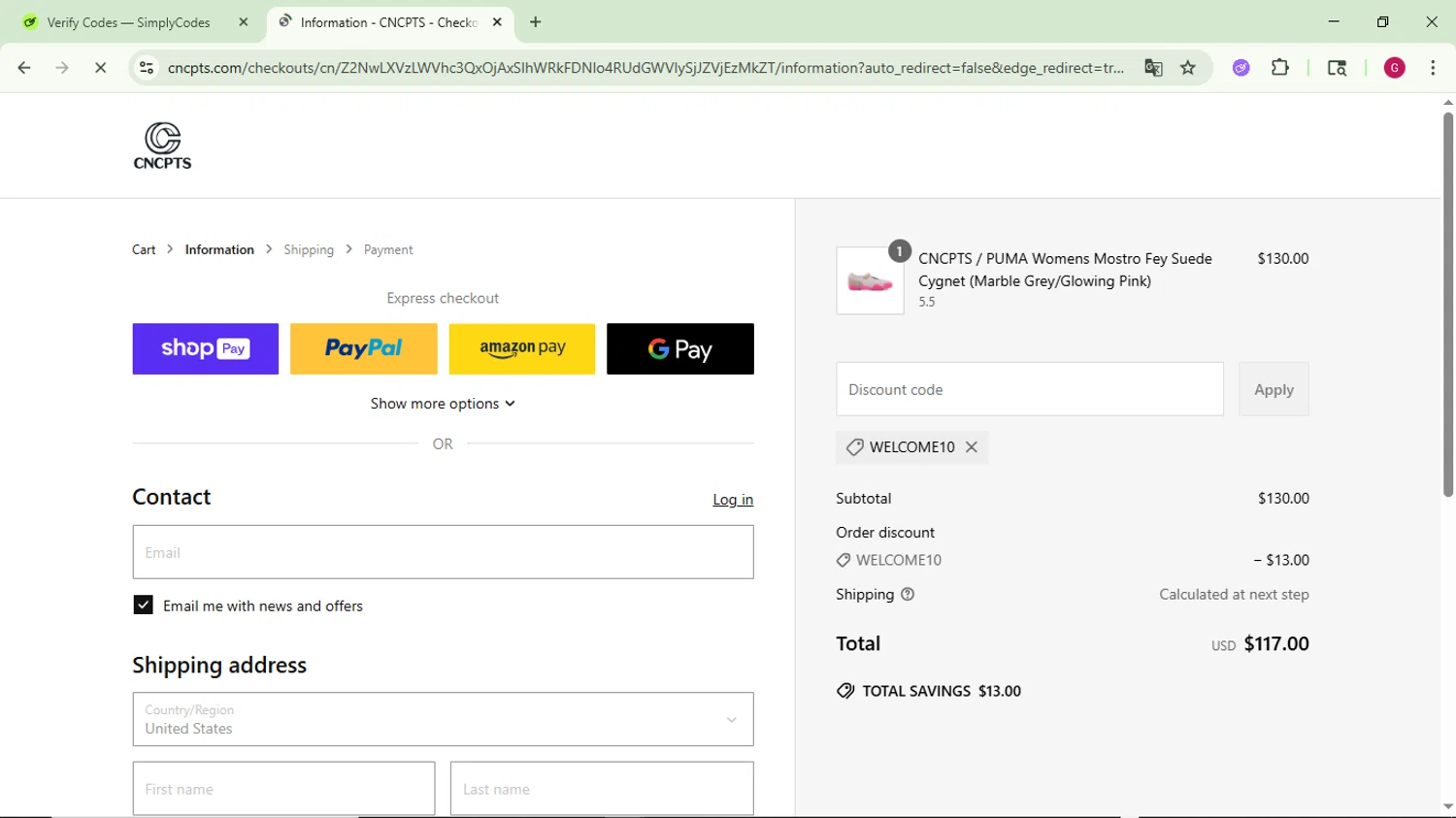 Concepts discount code screenshot showing code WELCOME10 applied at Concepts checkout page. Uploaded by SimplyCodes community member CrownFinder3074 on Jun 16, 2025