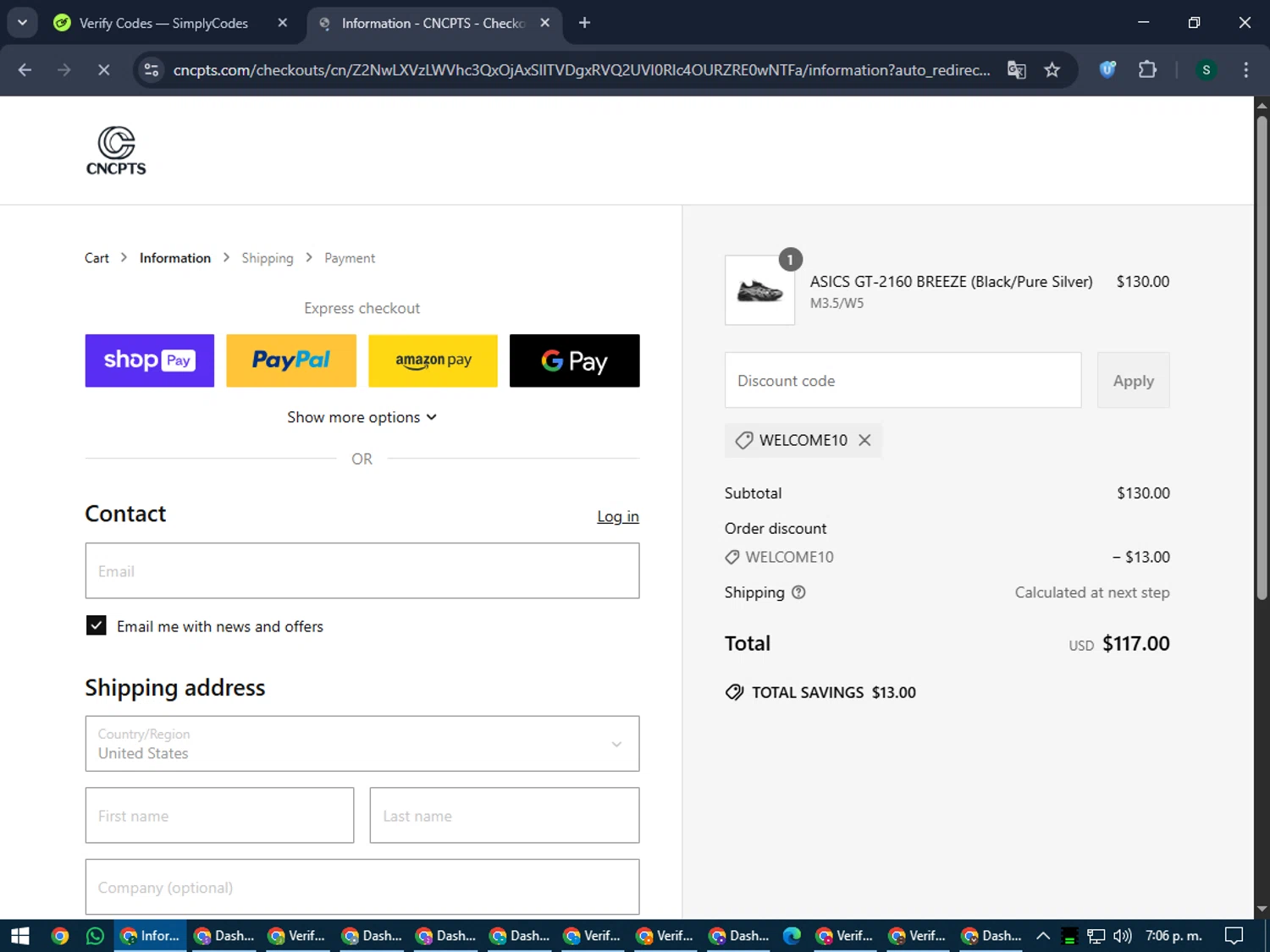 Concepts discount code screenshot showing code WELCOME10 applied at Concepts checkout page. Uploaded by SimplyCodes community member lilMosey on Jun 27, 2025
