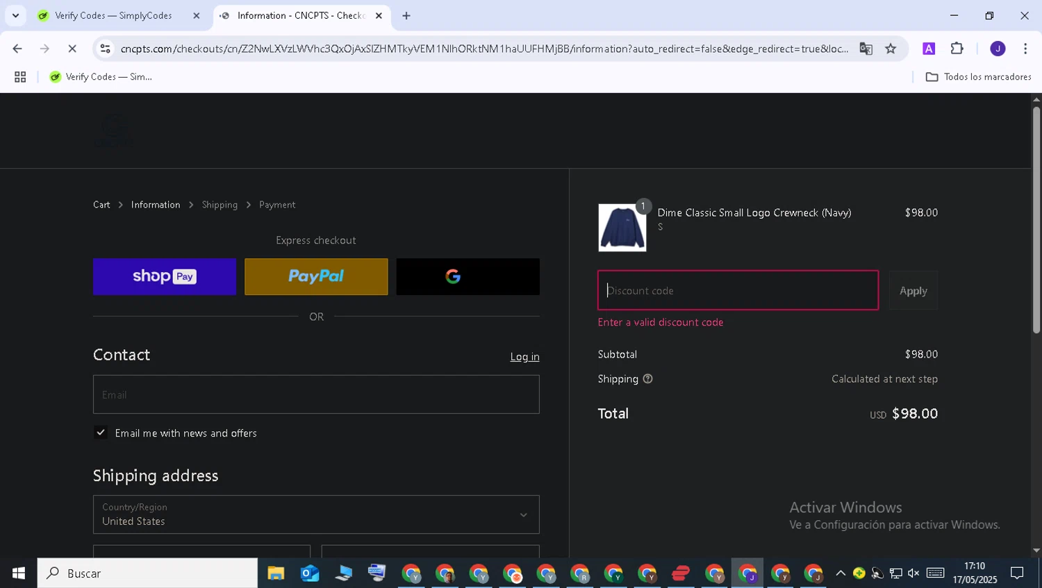 Concepts discount code screenshot showing code APRIL40 applied at Concepts checkout page. Uploaded by SimplyCodes community member GloriousPhoenix1476 on May 17, 2025