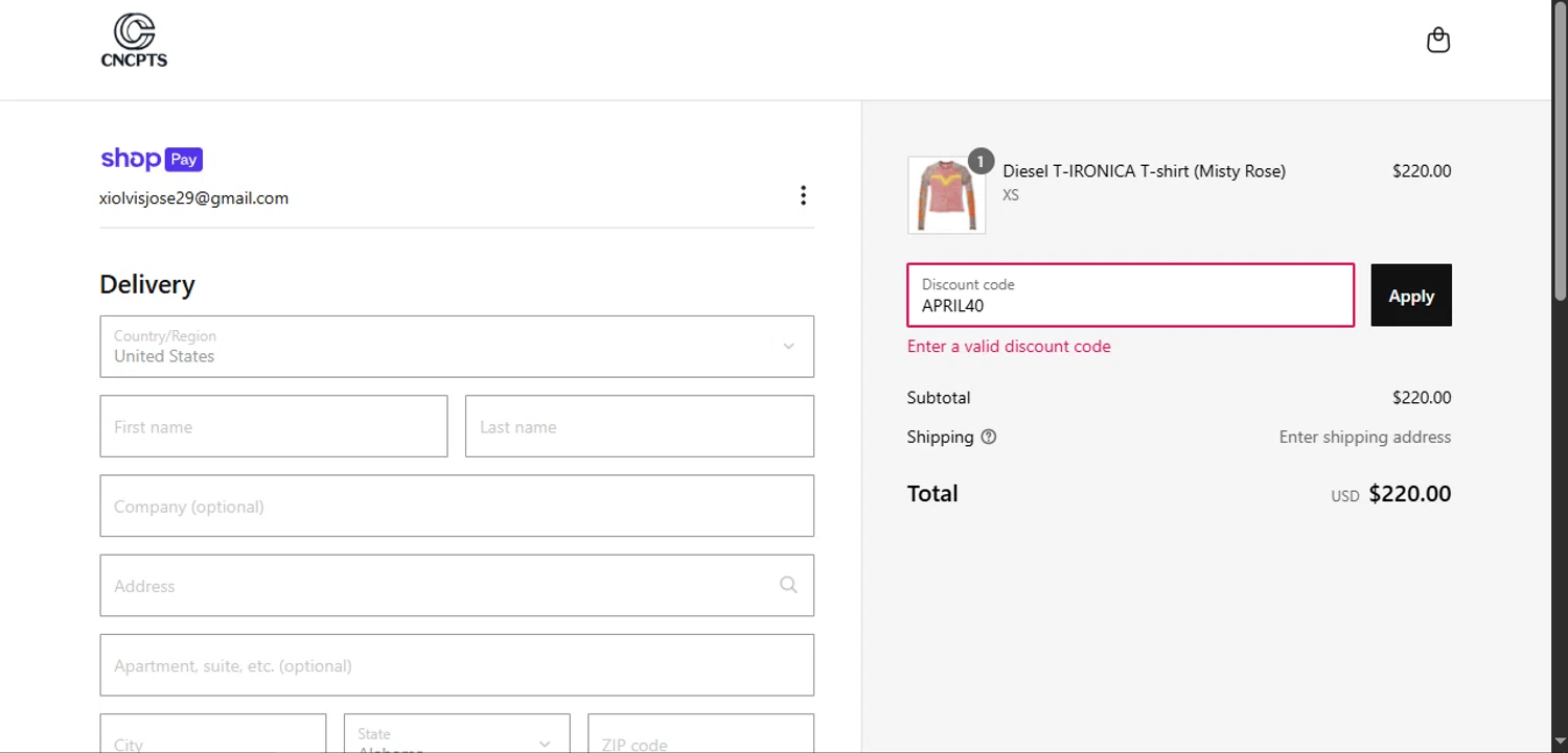 Concepts discount code screenshot showing code APRIL40 applied at Concepts checkout page. Uploaded by SimplyCodes community member Xiooh292929 on May 17, 2025