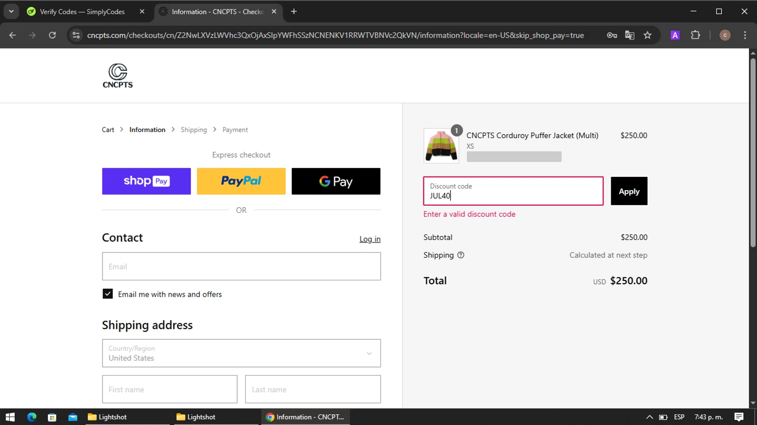 Concepts discount code screenshot showing code JUL40 applied at Concepts checkout page. Uploaded by SimplyCodes community member VoucherRanger901 on Jul 11, 2025