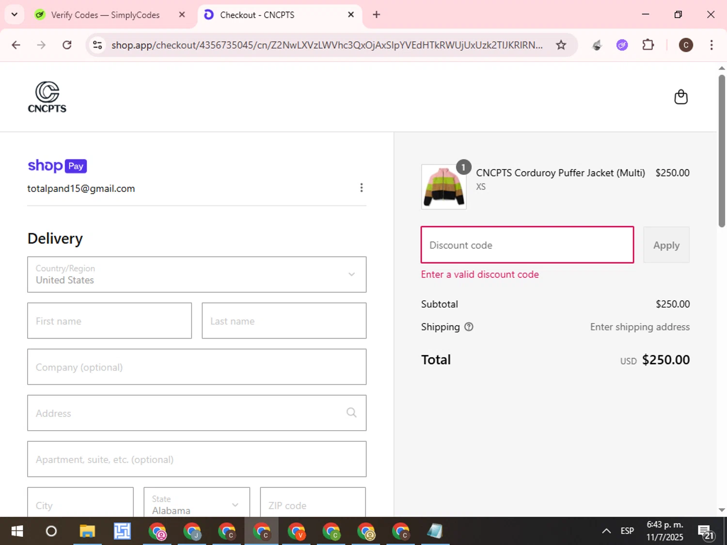 Concepts discount code screenshot showing code JUL40 applied at Concepts checkout page. Uploaded by SimplyCodes community member WonderCurator7831 on Jul 11, 2025