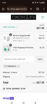 Concord & 9th coupon verification screenshot