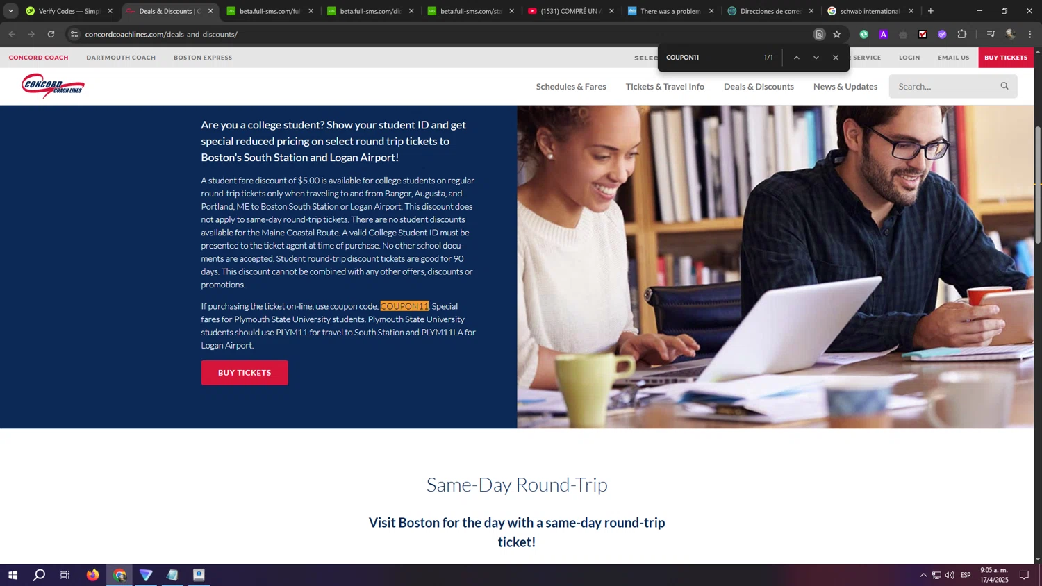 Concord Coach Lines checkout page showing Concord Coach Lines promo code box | Screenshot taken by SimplyCodes community member on Apr 17, 2025