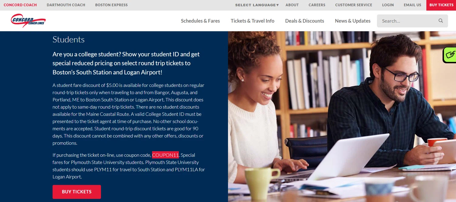 Concord Coach Lines promo code screenshot showing code COUPON11 applied at Concord Coach Lines checkout page. Uploaded by SimplyCodes community member jade5416625024720 on Jun 26, 2025