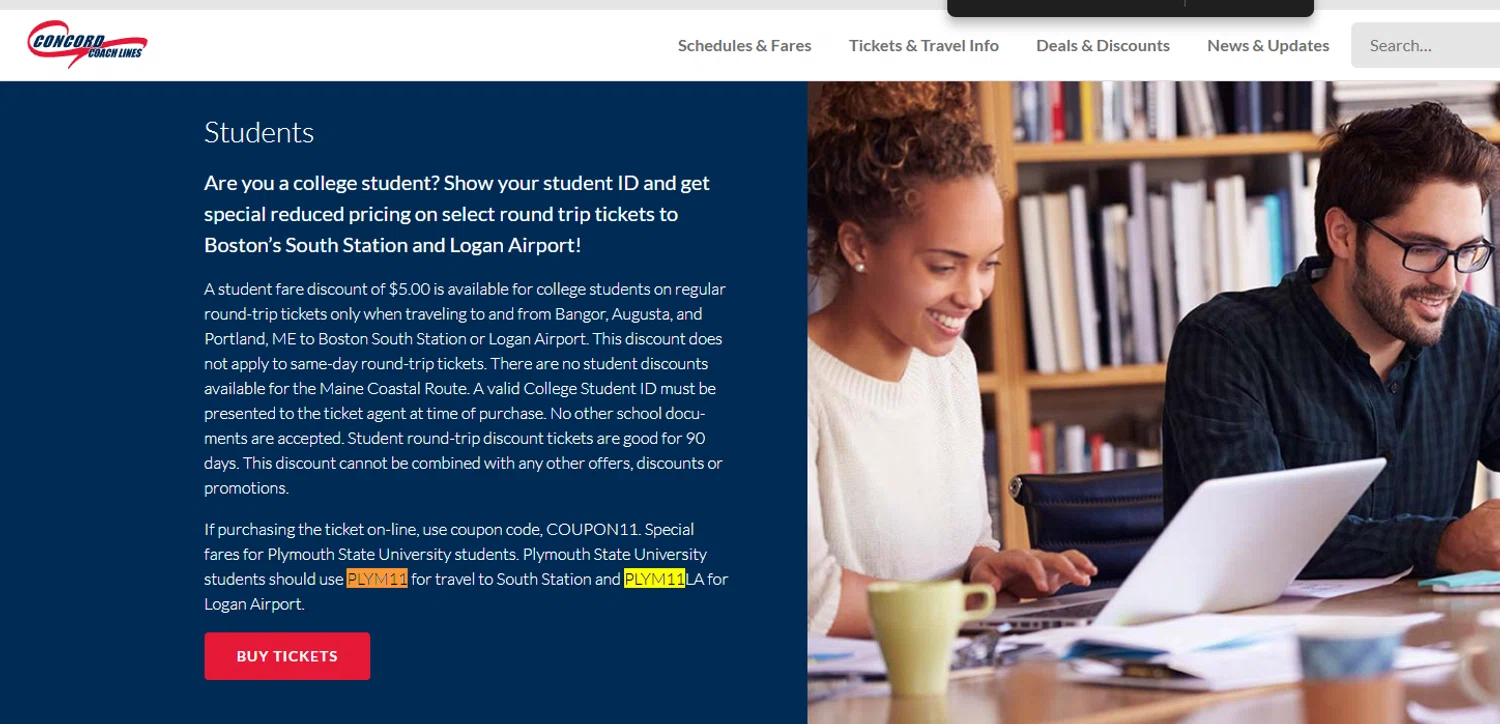 Concord Coach Lines promo code screenshot showing code PLYM11 applied at Concord Coach Lines checkout page. Uploaded by SimplyCodes community member rapiddeals on Jul 12, 2025
