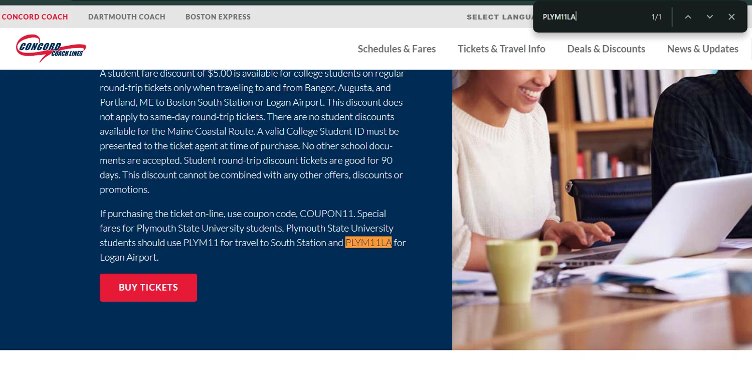 Concord Coach Lines promo code screenshot showing code PLYM11LA applied at Concord Coach Lines checkout page. Uploaded by SimplyCodes community member enzoonova on Mar 31, 2025