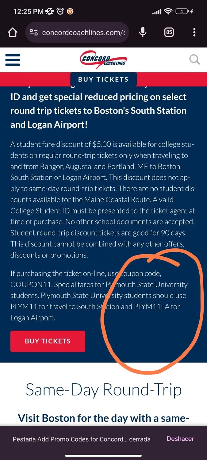 Concord Coach Lines promo code screenshot showing code PLYM11LA applied at Concord Coach Lines checkout page. Uploaded by SimplyCodes community member Dejadepicharme on Mar 31, 2025