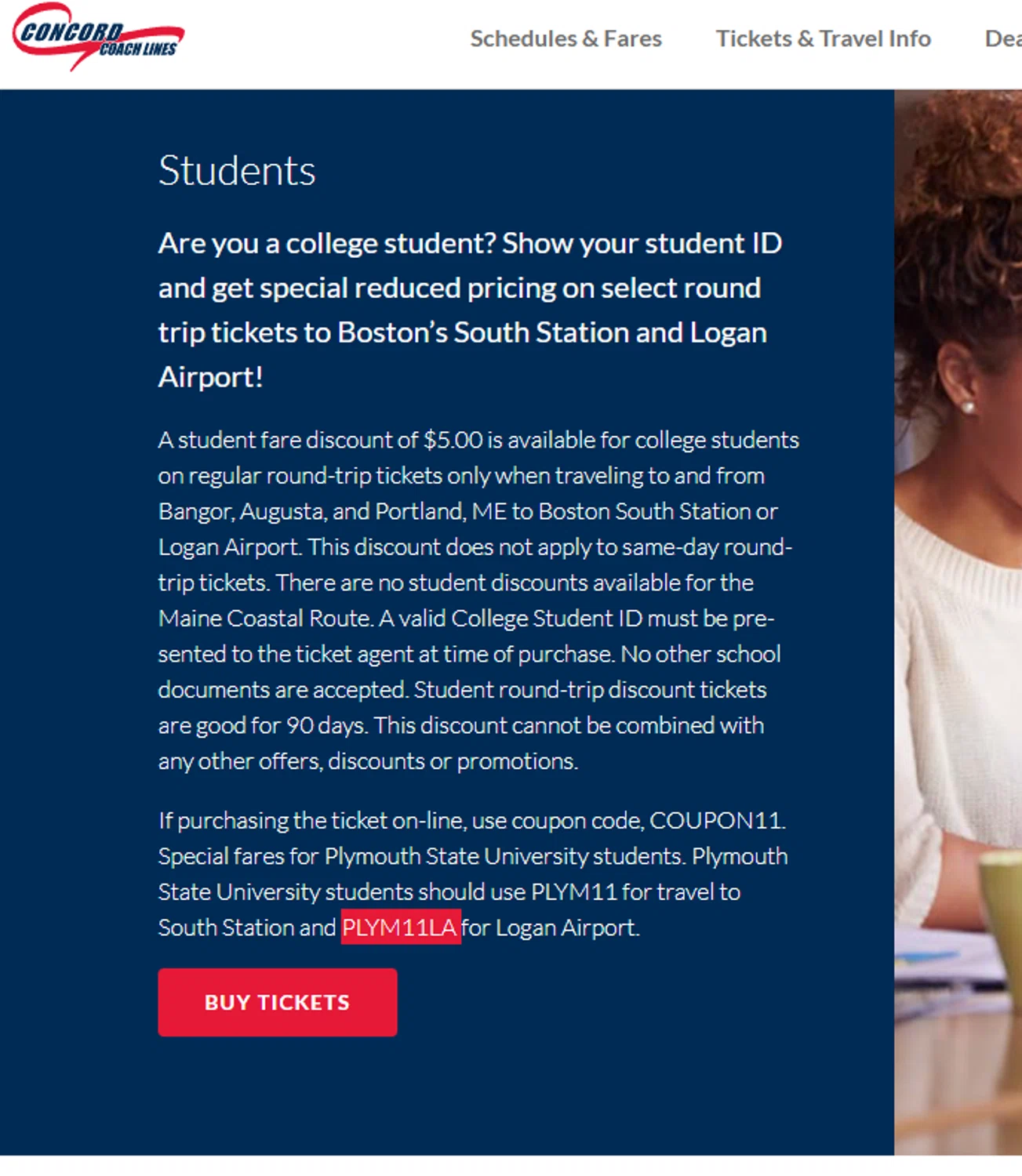 Concord Coach Lines promo code screenshot showing code PLYM11LA applied at Concord Coach Lines checkout page. Uploaded by SimplyCodes community member Dejadepicharme on Nov 19, 2025