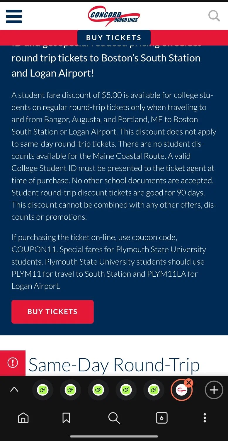 Concord Coach Lines promo code screenshot showing code PLYM11 applied at Concord Coach Lines checkout page. Uploaded by SimplyCodes community member Dejadepicharme on Jul 4, 2025