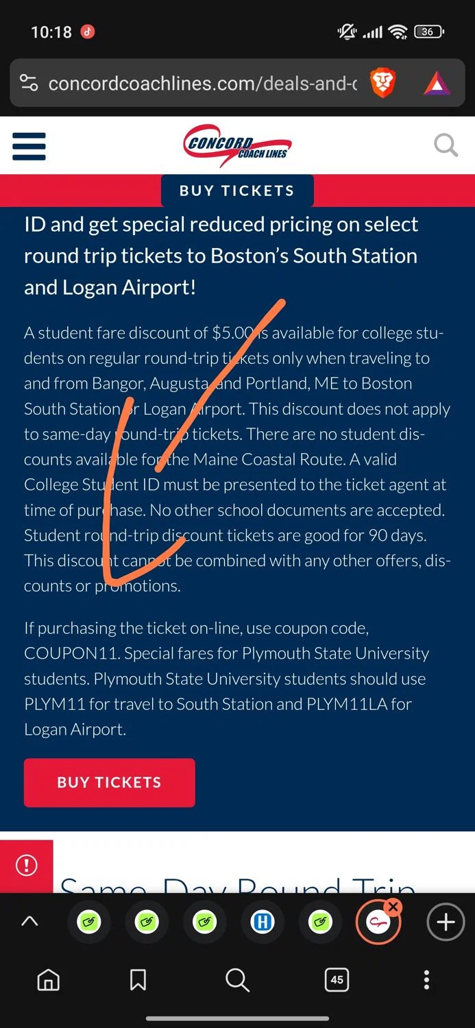 Concord Coach Lines promo code screenshot showing code COUPON11 applied at Concord Coach Lines checkout page. Uploaded by SimplyCodes community member Dejadepicharme on Jul 28, 2025