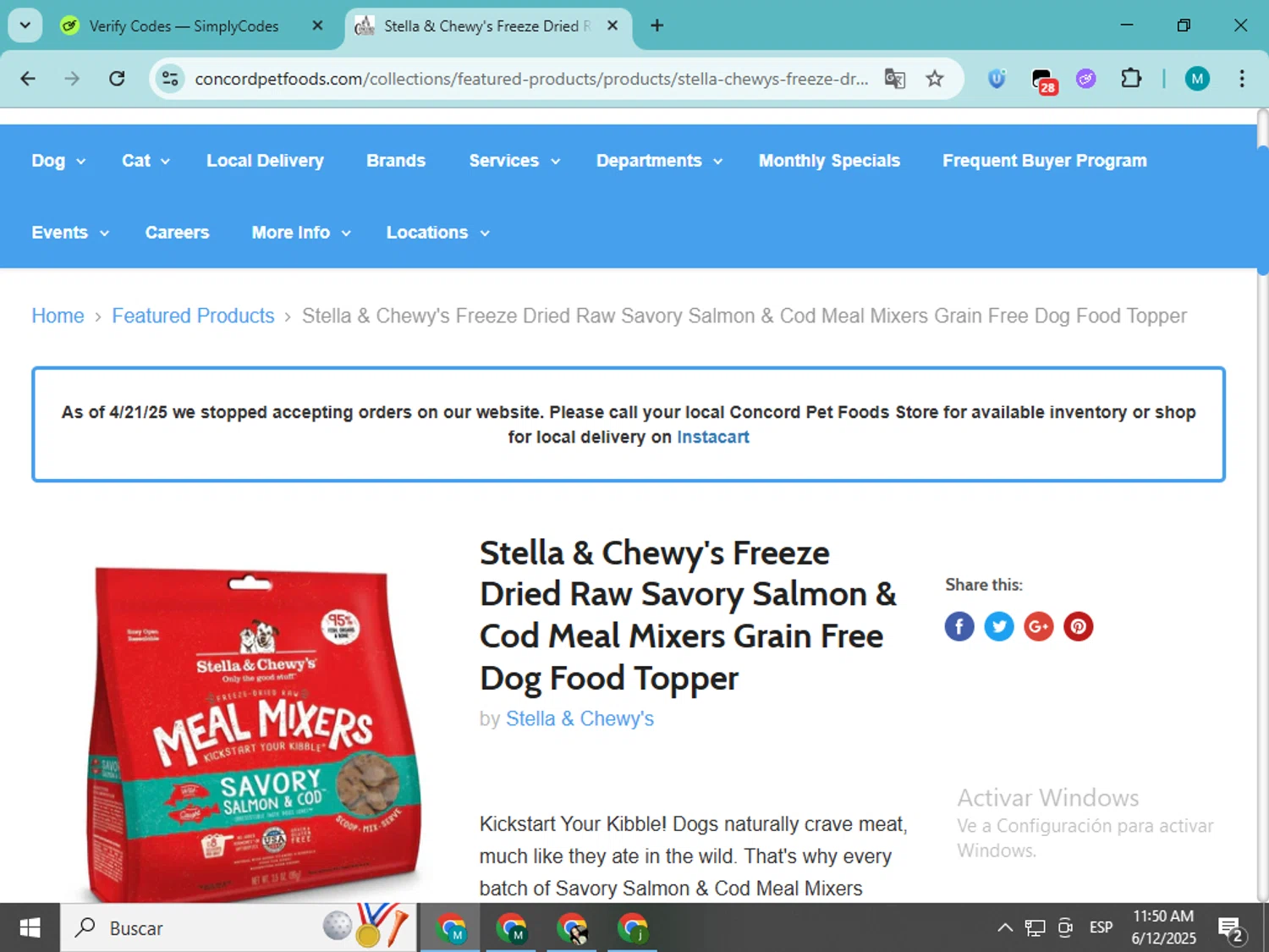 Concord Pet Foods promo code screenshot showing code WELCOME10 applied at Concord Pet Foods checkout page. Uploaded by SimplyCodes community member estrellaveloz on Jun 12, 2025