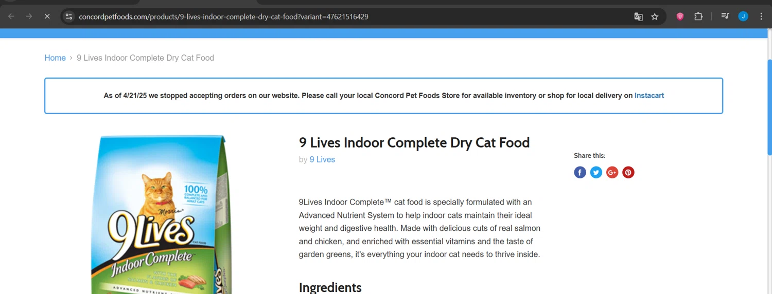Concord Pet Foods promo code screenshot showing code FIVEOFF applied at Concord Pet Foods checkout page. Uploaded by SimplyCodes community member Jeanjc on May 29, 2025
