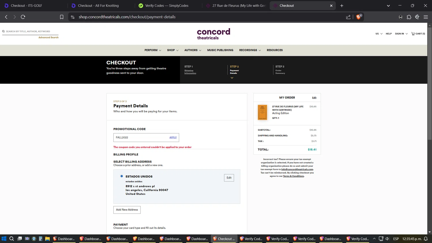 Concord Theatricals promo code screenshot showing code FALL2022 applied at Concord Theatricals checkout page. Uploaded by SimplyCodes community member Shizuku on Mar 20, 2025