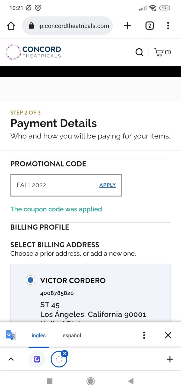 Concord Theatricals checkout page showing Concord Theatricals promo code box | Screenshot taken by SimplyCodes community member on Oct 12, 2022