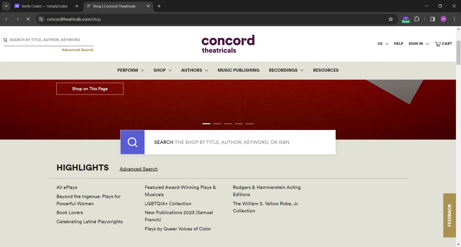 Concord Theatricals checkout page showing Concord Theatricals promo code box | Screenshot taken by SimplyCodes community member on Nov 29, 2023