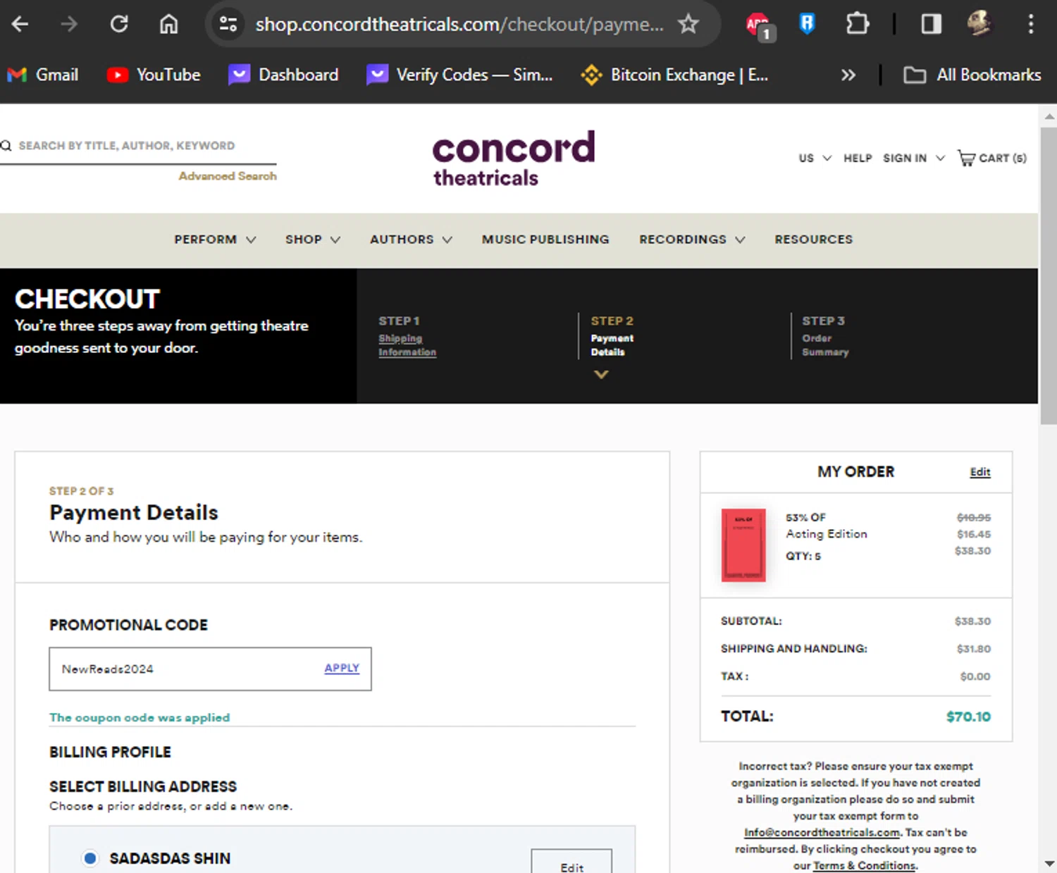 Concord Theatricals checkout page showing Concord Theatricals promo code box | Screenshot taken by SimplyCodes community member on Jan 9, 2024