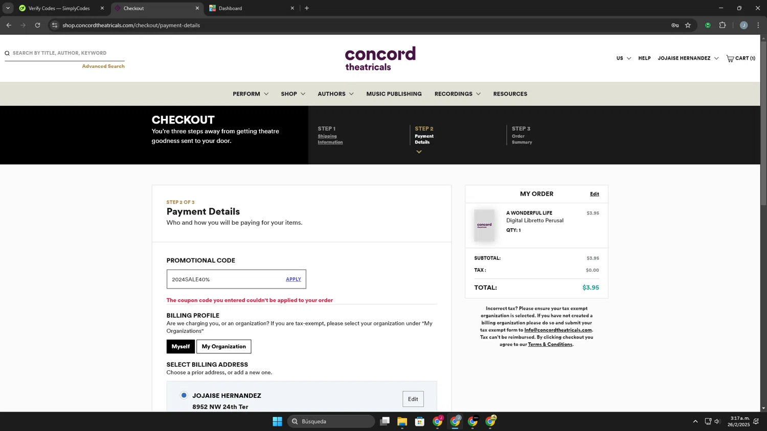 Concord Theatricals checkout page showing Concord Theatricals promo code box | Screenshot taken by SimplyCodes community member on Feb 26, 2025