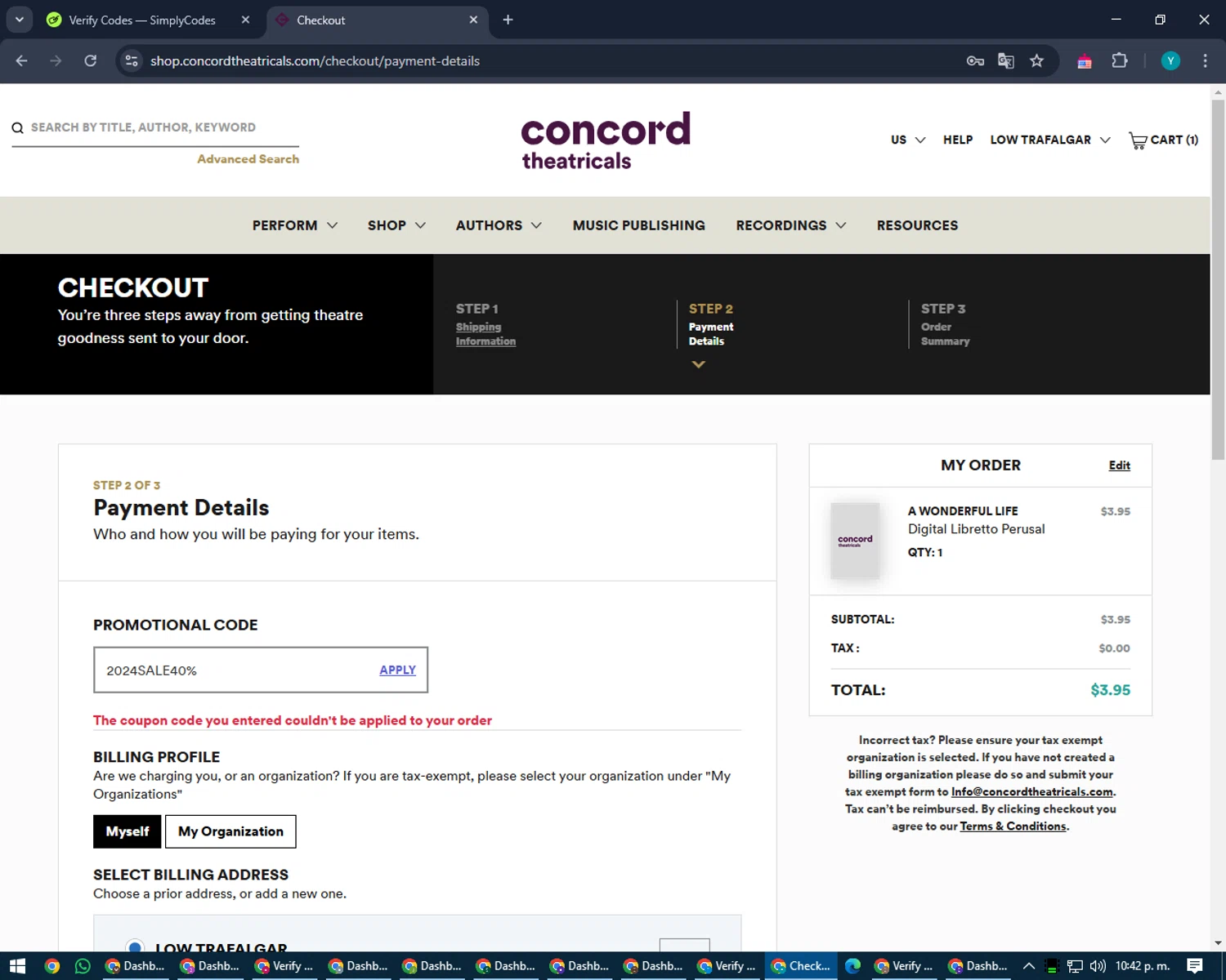 Concord Theatricals checkout page showing Concord Theatricals promo code box | Screenshot taken by SimplyCodes community member on Mar 3, 2025