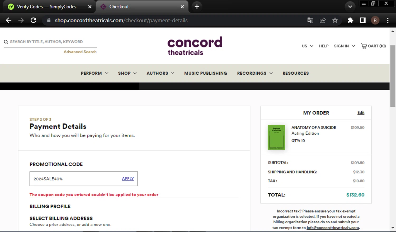 Concord Theatricals promo code screenshot showing code 2024SALE40% applied at Concord Theatricals checkout page. Uploaded by SimplyCodes community member RoyalSage7956 on Mar 3, 2025
