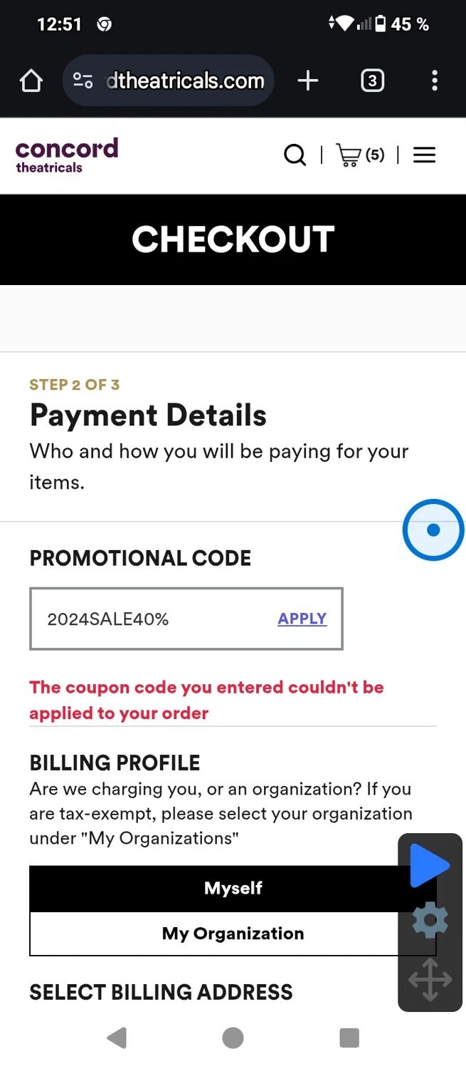 Concord Theatricals promo code screenshot showing code 2024SALE40% applied at Concord Theatricals checkout page. Uploaded by SimplyCodes community member ingri96 on Mar 3, 2025