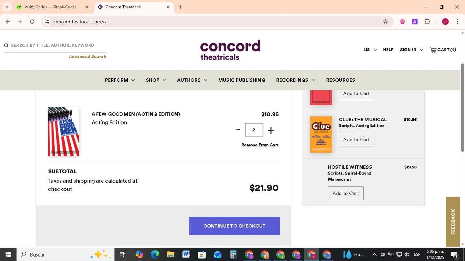 Concord Theatricals promo code screenshot showing code READMORE40 applied at Concord Theatricals checkout page. Uploaded by SimplyCodes community member FrugalMonarch7277 on Dec 1, 2025
