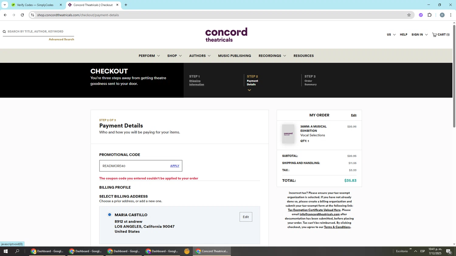 Concord Theatricals promo code screenshot showing code READMORE40 applied at Concord Theatricals checkout page. Uploaded by SimplyCodes community member Piolin on Dec 8, 2025