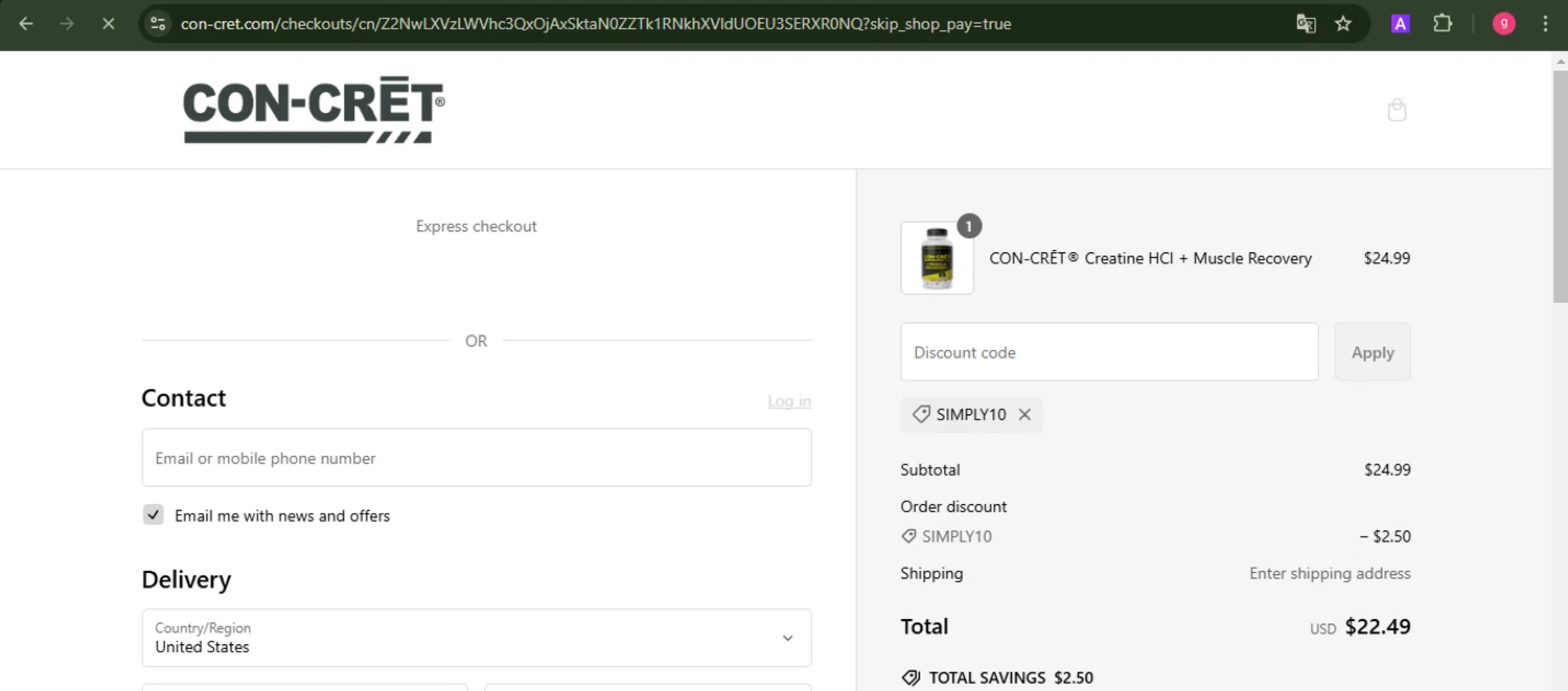 CON-CRET promo code screenshot showing code SIMPLY10 applied at CON-CRET checkout page. Uploaded by SimplyCodes community member MoneyFalcon481 on Feb 13, 2025