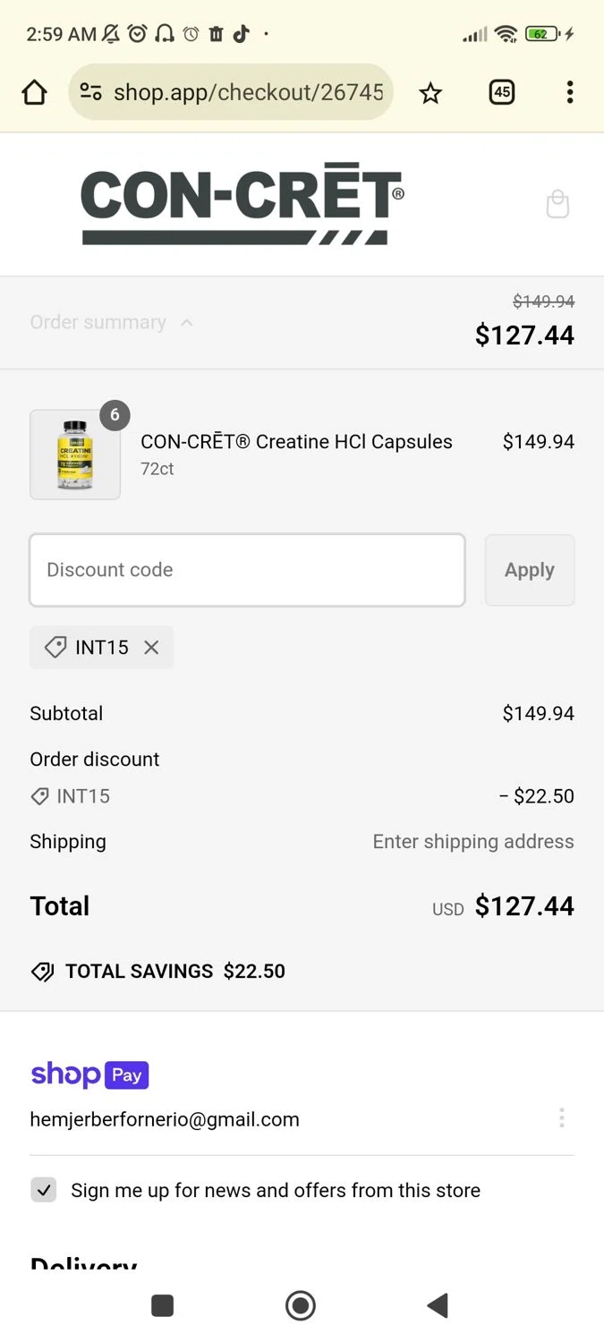 CON-CRET promo code screenshot showing code INT15 applied at CON-CRET checkout page. Uploaded by SimplyCodes community member Josemedina on Feb 27, 2025