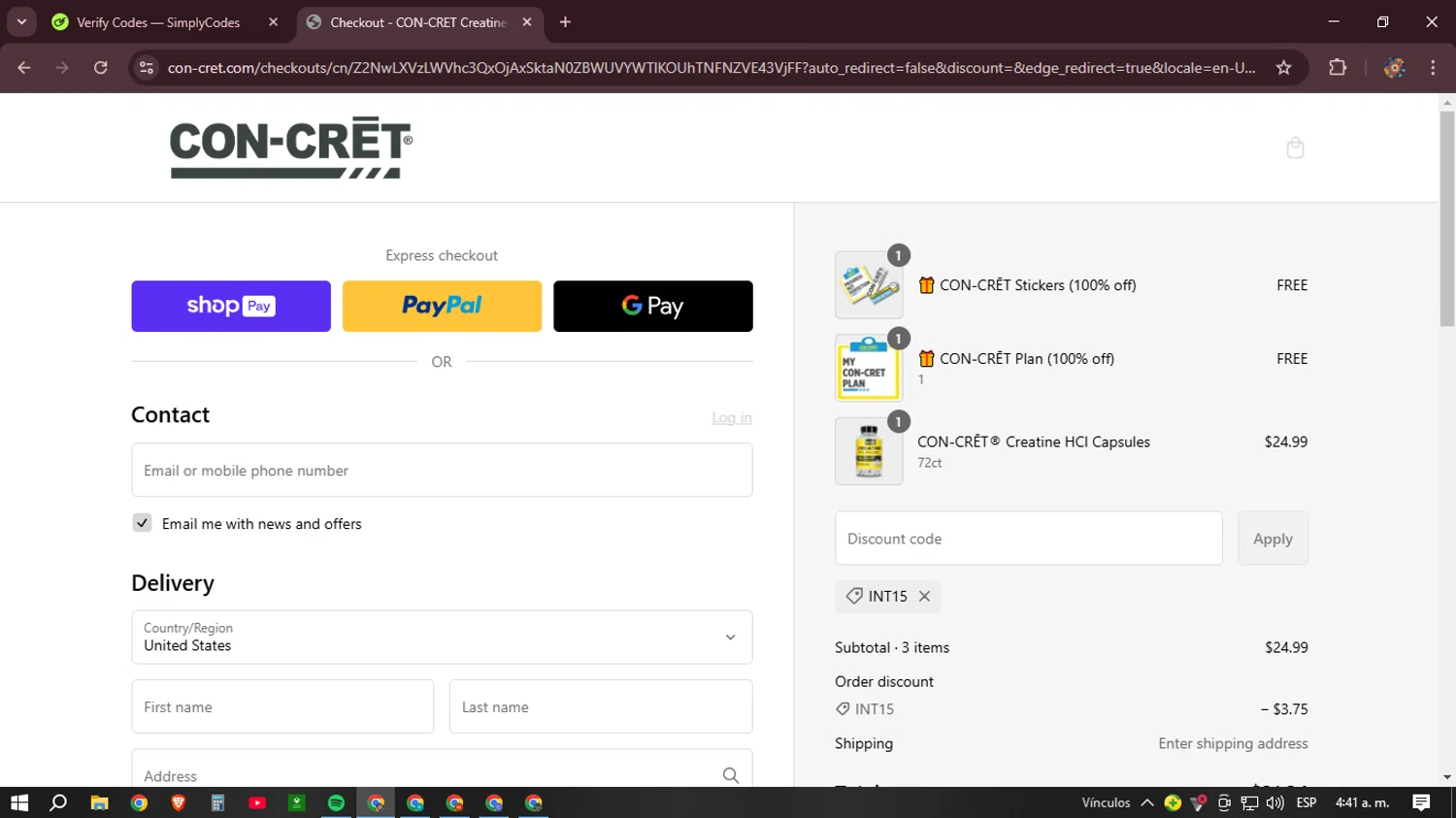 CON-CRET promo code screenshot showing code INT15 applied at CON-CRET checkout page. Uploaded by SimplyCodes community member BudgetHunter9184 on Feb 13, 2025