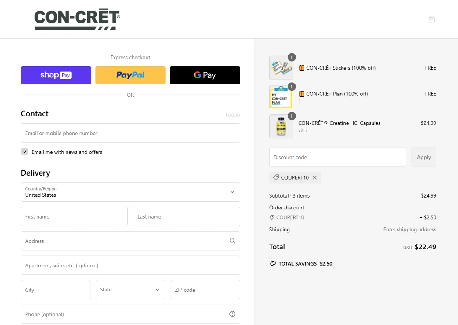 CON-CRET promo code screenshot showing code COUPERT10 applied at CON-CRET checkout page. Uploaded by SimplyCodes community member DiscountEagle6247 on Feb 17, 2025