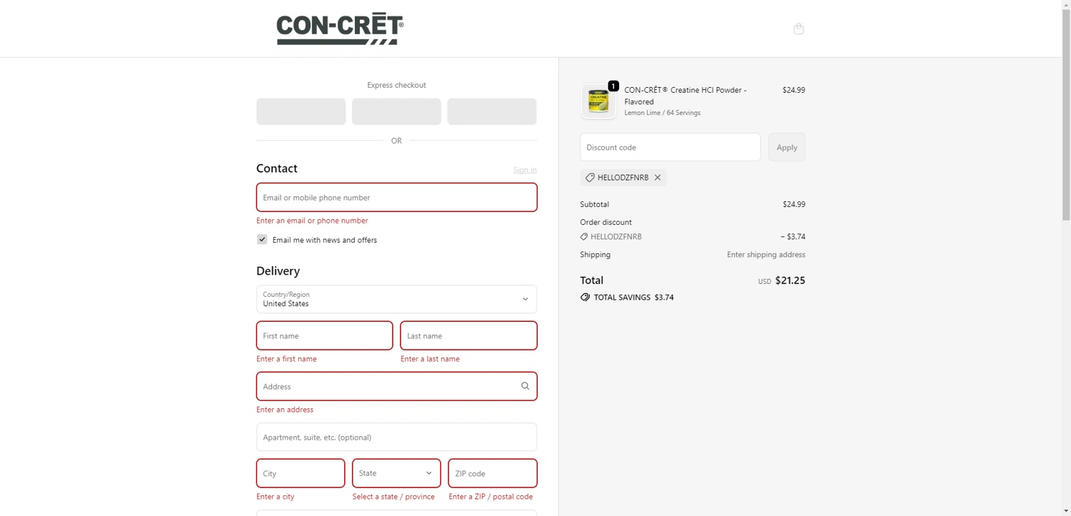CON-CRET promo code screenshot showing code HELLODZFNRB applied at CON-CRET checkout page. Uploaded by SimplyCodes community member PennyRanger8219 on Sep 24, 2025