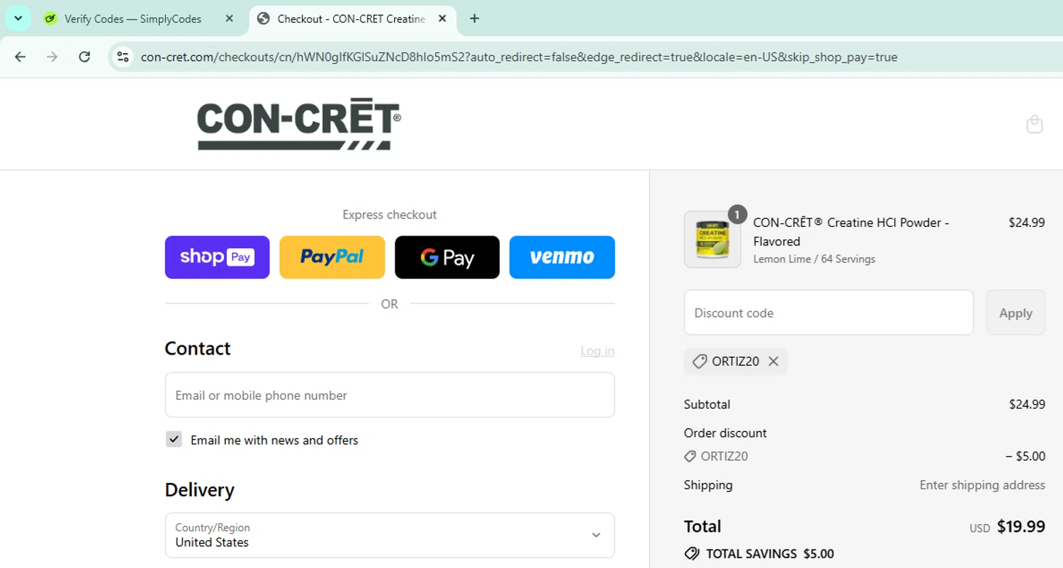 CON-CRET promo code screenshot showing code ORTIZ20 applied at CON-CRET checkout page. Uploaded by SimplyCodes community member Morketools on Jul 16, 2025