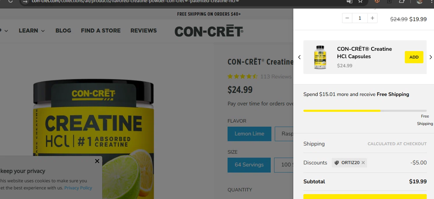 CON-CRET promo code screenshot showing code ORTIZ20 applied at CON-CRET checkout page. Uploaded by SimplyCodes community member javierprez on Jul 16, 2025