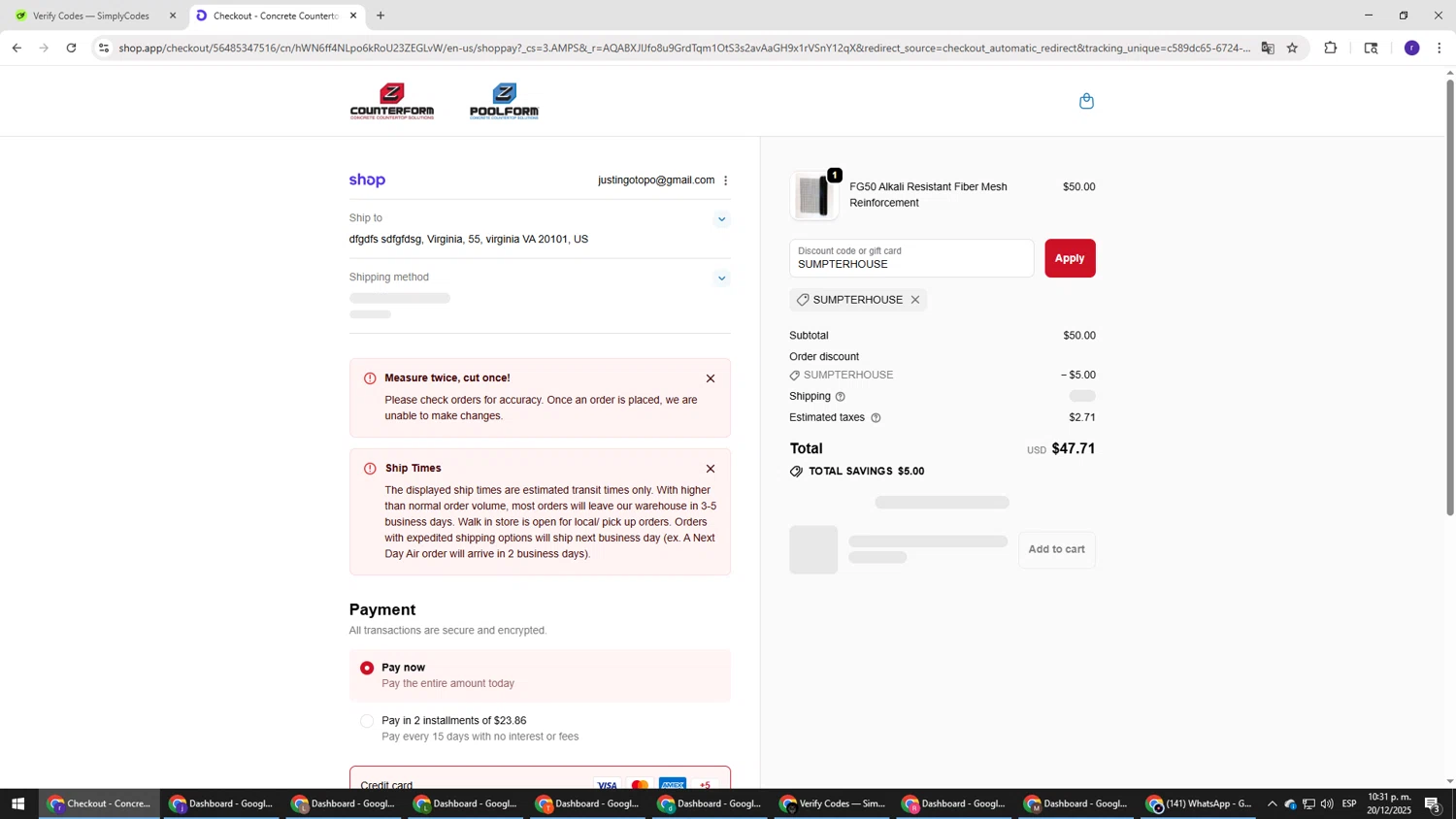 Concrete Countertop Solutions promo code screenshot showing code SUMPTERHOUSE applied at Concrete Countertop Solutions checkout page. Uploaded by SimplyCodes community member AberthGotopo on Dec 21, 2025