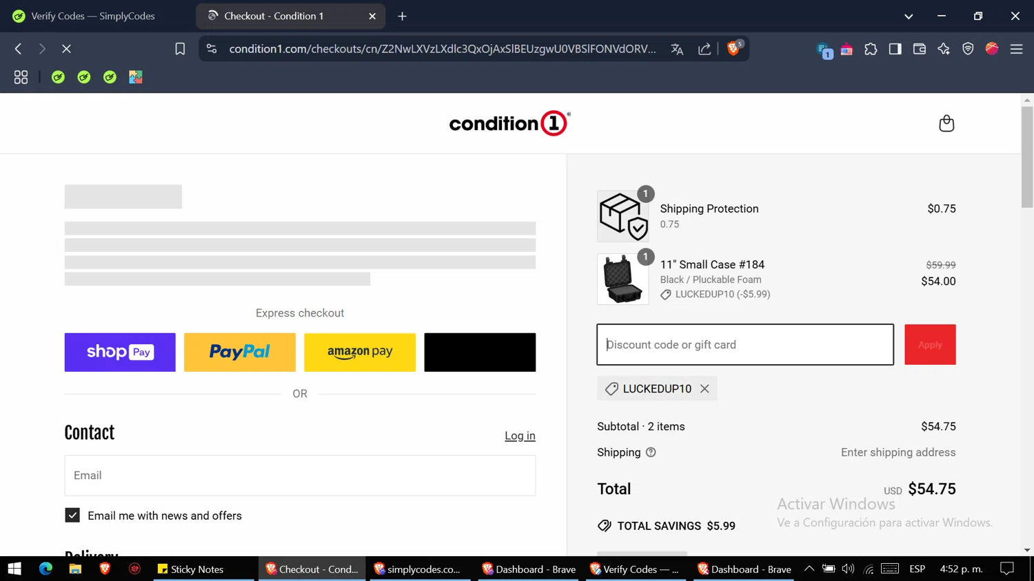 Condition 1 discount code screenshot showing code LUCKEDUP10 applied at Condition 1 checkout page. Uploaded by SimplyCodes community member WiseMaven8415 on Mar 15, 2025