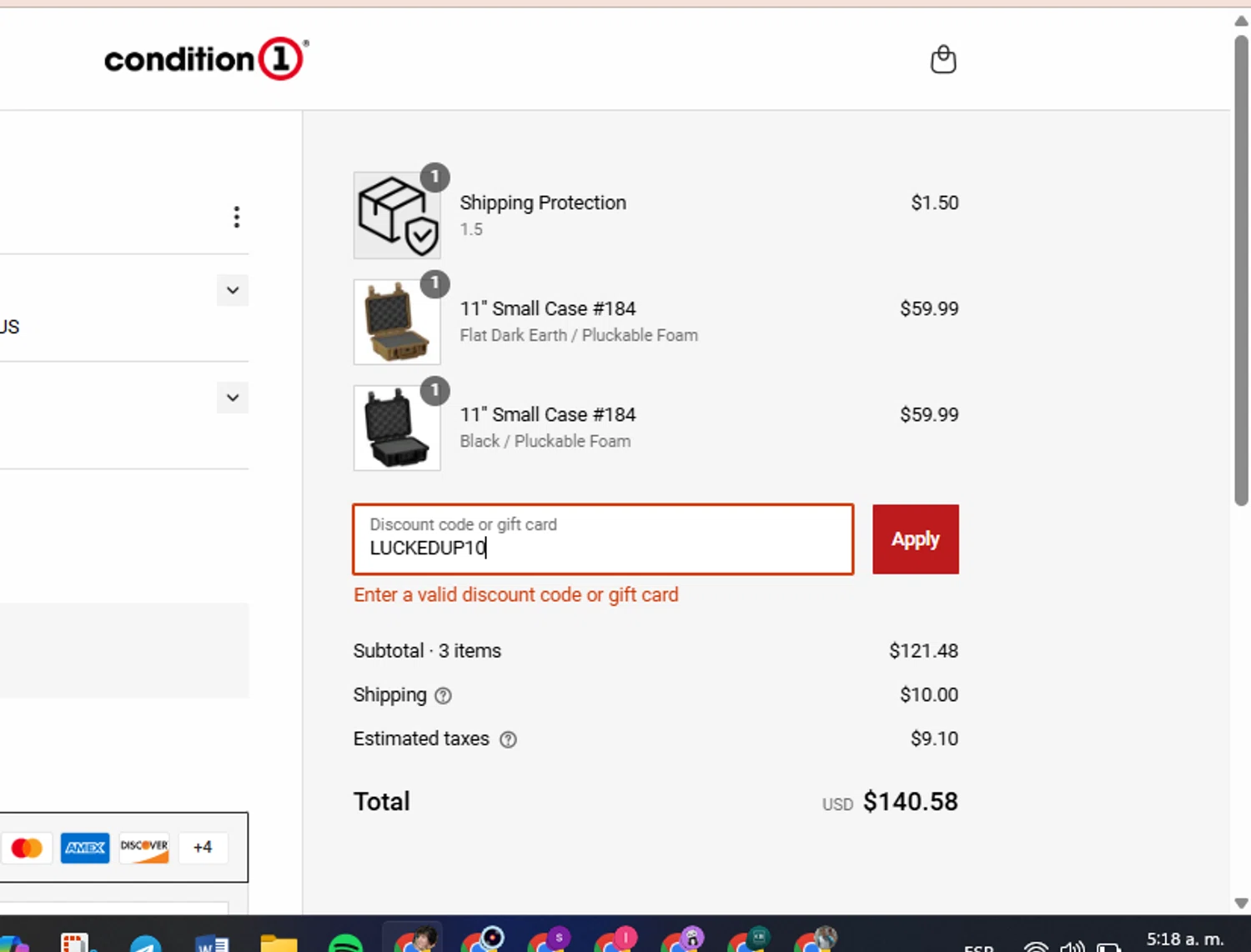Condition 1 discount code screenshot showing code LUCKEDUP10 applied at Condition 1 checkout page. Uploaded by SimplyCodes community member luisaballera on Apr 2, 2025