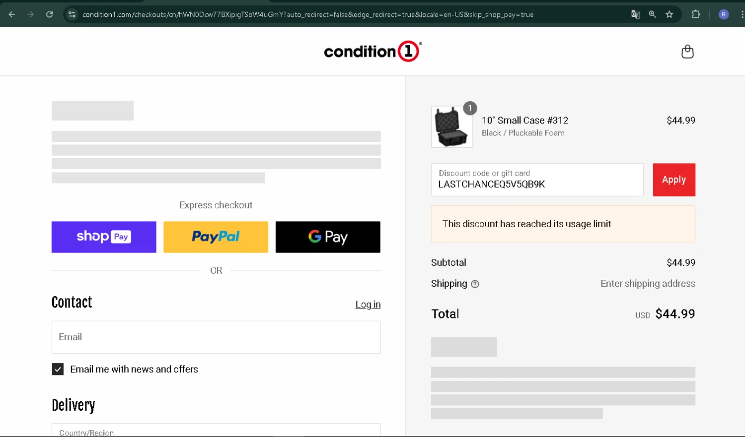 Condition 1 discount code screenshot showing code LASTCHANCEQ5V5QB9K applied at Condition 1 checkout page. Uploaded by SimplyCodes community member CoinPilot9113 on Jul 4, 2025