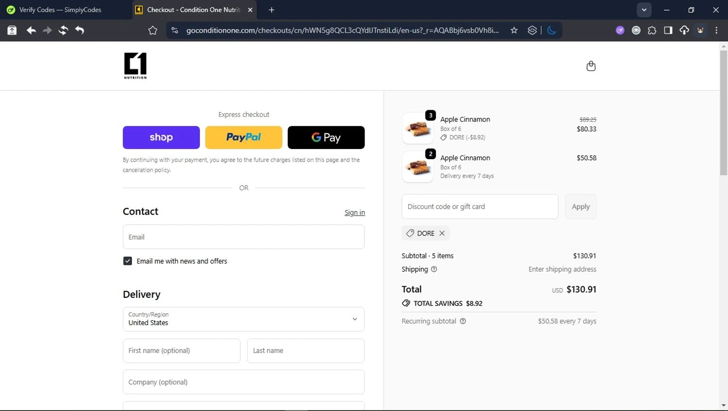 Condition One discount code screenshot showing code DORE applied at Condition One checkout page. Uploaded by SimplyCodes community member User_Randon1 on Nov 24, 2025