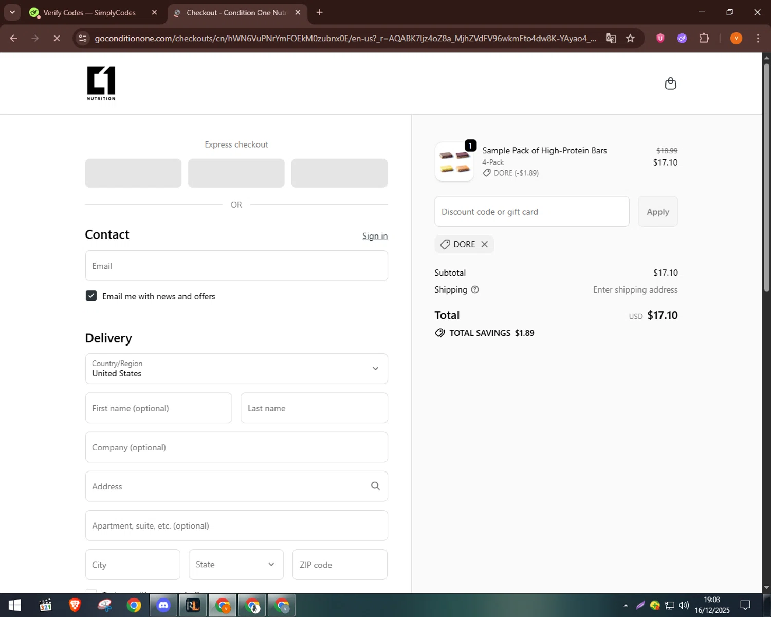 Condition One discount code screenshot showing code DORE applied at Condition One checkout page. Uploaded by SimplyCodes community member bulbasaur69 on Dec 16, 2025