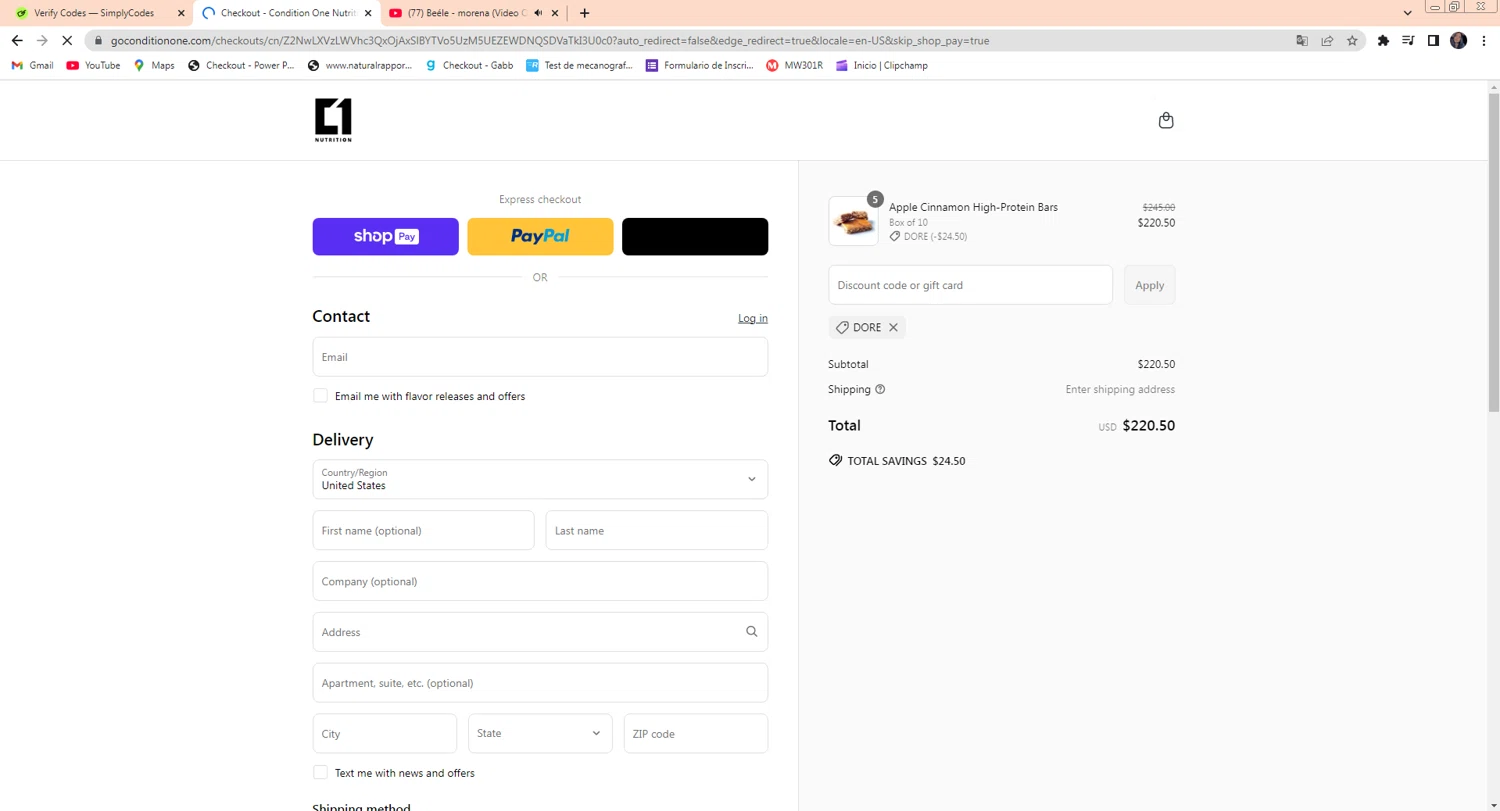 Condition One discount code screenshot showing code DORE applied at Condition One checkout page. Uploaded by SimplyCodes community member PrimeAdmiral8733 on Mar 22, 2025