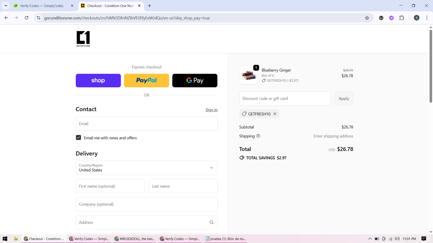 Condition One discount code screenshot showing code GETFRESH10 applied at Condition One checkout page. Uploaded by SimplyCodes community member BonusMonarch7015 on Sep 21, 2025